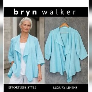 Bryn Walker Light Blue Open Front Draped Linen Jacket